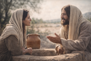 Jesus speaking with the Samaritan woman at the well offering living water