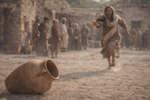 the woman at the well running to tell the people about Jesus